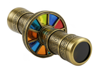 Antique brass kaleidoscope with colorful glass isolated on transparent