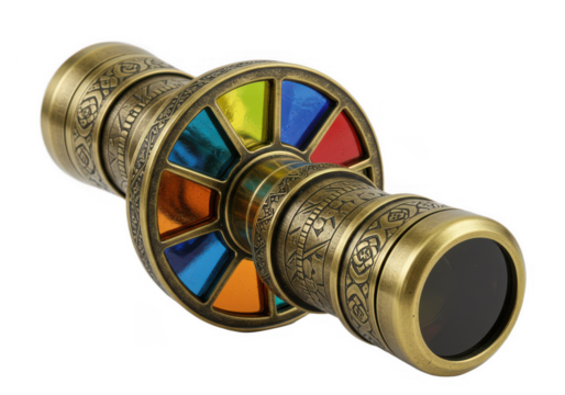 Antique brass kaleidoscope with colorful glass isolated on transparent