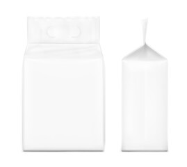 Realistic stand bag with hole handle mockup. Front and side view. Vector illustration isolated on white background. Suite for the presentation of changing mats, diapers, wet wipes, pants.EPS10.