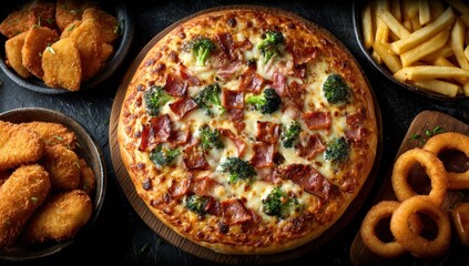 Delicious pizza adorned with broccoli and bacon alongside an array of tempting side dishes