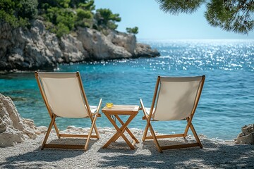 Coastal escape setup with twin loungers high resolution picture