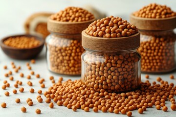 Fototapeta premium Three jars that are filled with brown beans