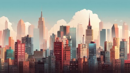 Fototapeta premium A modern city skyline in flat vector style, made with simple geometric shapes and bold, flat colors