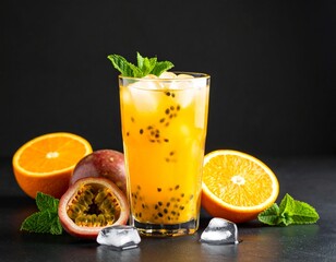 Fototapeta premium Tall glass tropical fruit drink with ice on black. Slices ripe orange passion fruit nearby. Fresh juice refreshment detox beverage. 