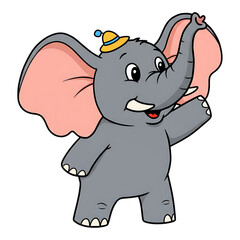 Obraz premium Cartoon baby elephant with raised trunk, standing playfully and smiling, great for children's content