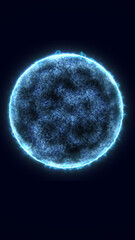 Brightly illuminated blue energy sphere in dark space, glowing edges with intricate surface texture and corona-like effects