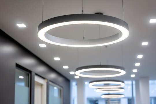 Modern circular led ceiling lights illuminating corridor