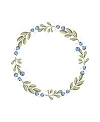 Watercolor wreath with green leaves and blue berries. Suitable for kids’ designs, décor, greeting cards, and scrapbooking.