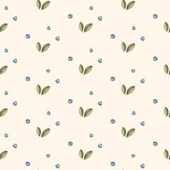 Watercolor pattern with small green leaves and blue berries on beige background. Ideal for kids’ designs, greeting card backgrounds, and posters. JPG 300 dpi.