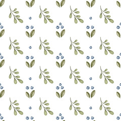 Watercolor seamless pattern with green branches and blue berries. Perfect for kids’ designs, fabrics, packaging, and décor. JPG 300 dpi.