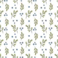 Watercolor pattern with leaves and blue berries in soft natural tones. Ideal for kids’ designs, greeting card backgrounds, and posters. JPG 300 dpi.