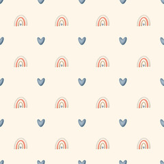 Watercolor pattern with blue hearts and pink rainbows in pastel tones. Ideal for kids’ designs, greeting card backgrounds, and posters. With beige background. JPG 300 dpi.