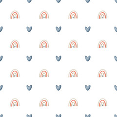  Watercolor pattern with blue hearts and pink rainbows in pastel tones. Ideal for kids’ designs, greeting card backgrounds, and posters. JPG 300 dpi.