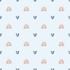 Watercolor pattern with blue hearts and pink rainbows. Ideal for kids’ designs, greeting card backgrounds, and posters. With a blue background. 300 dpi.