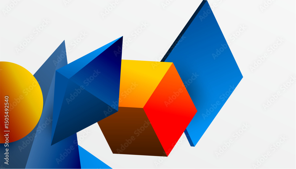Poster abstract geometric shapes overlap. bright colors create dynamic composition. minimalist design, mode