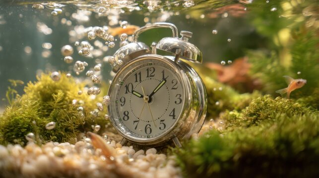  retro silver alarm clock fully submerged in a small aquarium, surrounded by floating bubbles, moss