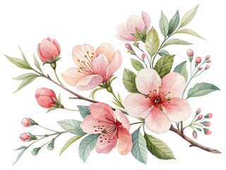 Watercolor painting of flowering cherry branch with soft pink blossoms and leaves