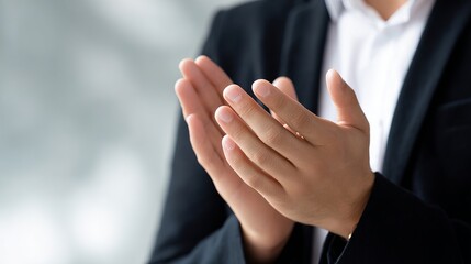 A close-up of hands clapping in a professional setting. Soft focus background adds a modern touch. This image conveys appreciation and success. Perfect for business themes. AI.
