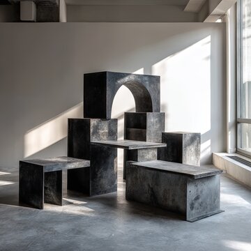 Dark grey concrete blocks, varying heights and shapes, form an abstract structure, subtly lit by sunlight streaming through a large window in a minimalist space