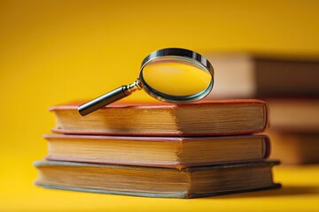A magnifying glass rests atop a stack of aged books against a vibrant yellow backdrop