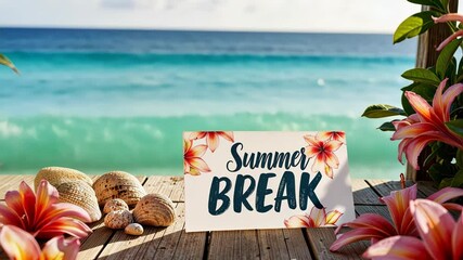 Summer break sign with tropical flowers by the ocean shore  