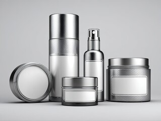 Stylish, metallic-finish cosmetic and skincare product packaging.  Various shapes and sizes, including sprays, lotions, and creams, all with blank white labels