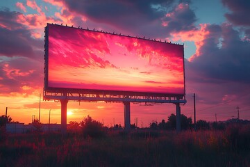 Billboard mockup with vibrant sunset sky and grassland

