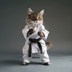 A fluffy cat dressed in a karate uniform with a black belt stands in a power stance on a gray background.