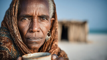 Portrait of an elderly African woman wearing a patterned shawl and holding a cup of coffee. Captured in a rural desert setting with ample copy space, this image reflects the rich tradition of African 