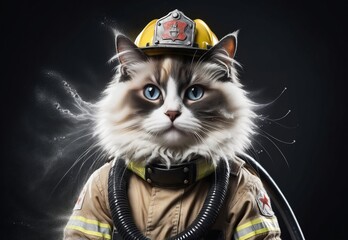 Funny cat in firefighter uniform posing on dark background