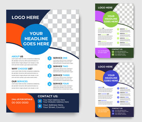 Modern Corporate Business Flyer Template with Colourful Abstract Shapes and Service Details Layout for Marketing and Promotion