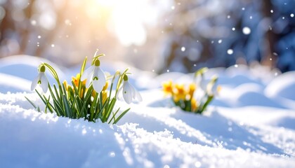 Snowdrops blooming in winter snow.