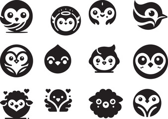 Fototapeta premium Collection of twelve different black and white cartoon bird icons in various styles and designs