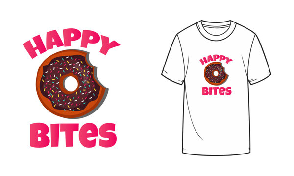 Happy Bibes T-shirt design with hand drawn bited donut. Ideal for kids wear, casual fashion, or cheerful apparel branding.