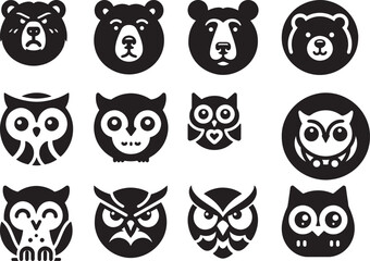 Obraz premium Collection of black and white vector icons featuring various bear and owl head designs in a grid layout
