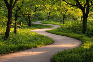 Obraz premium Scenic walking path with gentle curves surrounded by lush green trees and grass in peaceful natural setting during daylight