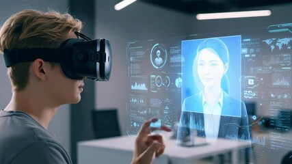 Young person using virtual reality headset interacting with a digital avatar in a modern office space