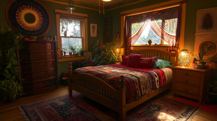 Cozy Boho Bedroom with Wooden Bed Frame, Vibrant Textiles, and Soft Ambient Lighting

