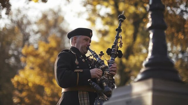 A bagpiper performs in a vibrant autumn setting, showcasing the art of traditional music against a backdrop of colorful foliage, creating a captivating cultural experience.
