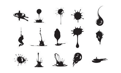 A set of 16 black and white illustrations of various liquid splashes and drips.