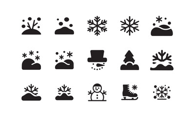 A collection of simple, black and white winter icons on white