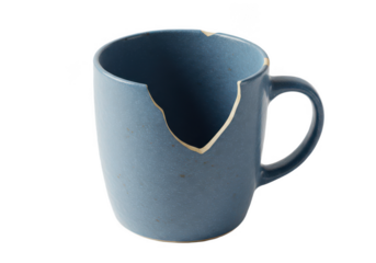 Broken blue ceramic mug isolated on transparent background