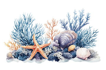 Underwater coral reef scene with starfish and shells.