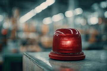 A red flashing emergency light sits atop a gray surface in a blurred industrial setting