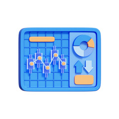 3D icon of digital chart panel with candlesticks and pie chart, representing stock analysis, trading strategy, and financial dashboard interface.