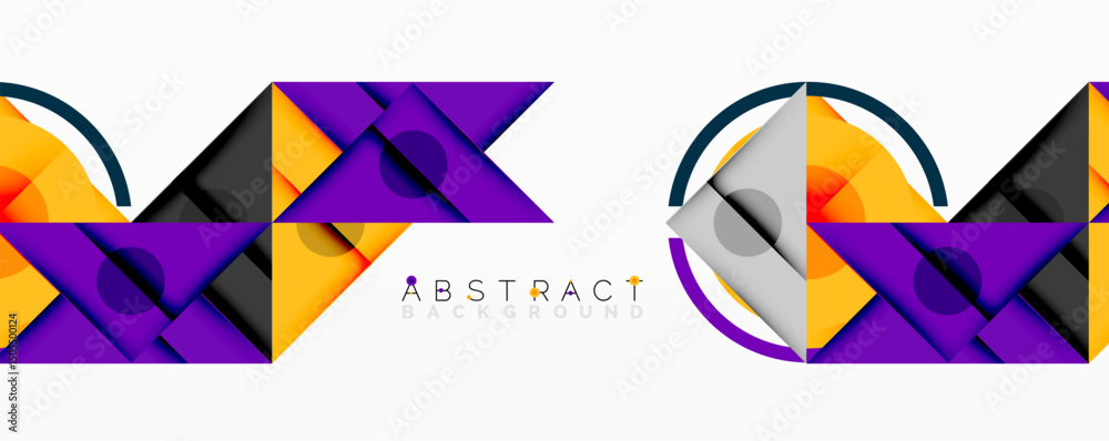 Poster modern abstract design. geometric shapes overlap, creating vibrant color scheme. orange, purple domi