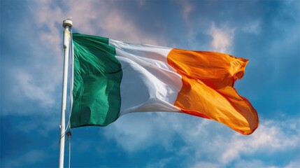 Irish flag waving proudly against blue sky. Vibrant green, white, orange colors symbolize identity and culture. Patriotism unity. Ireland, heritage, national pride.