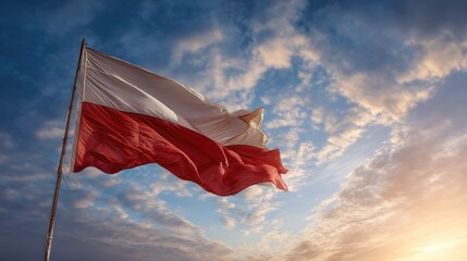 Polish flag waving proudly against blue sky. Red and white colors symbolize national identity, heritage. Sunlight, pride and unity among Poland people. Patriotism, culture, travel.