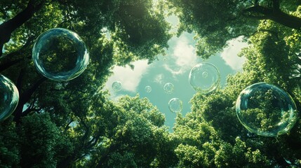 Sustainable Future Vision a?" A conceptual illustration showcasing a lush green forest with floating bubbles symbolizing zero emissions and carbon neutrality.