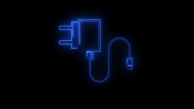glowing neon blue color mobile phone charger icon animation electric plug connection USB port USB cable sign symbol on black background.4k video animation .
